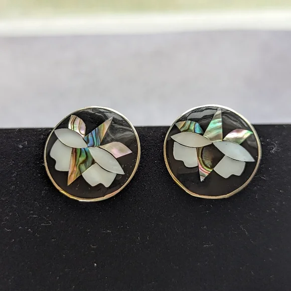 Abalone Earrings Alpaca Mexico Floral clip on vintage mother of pearl - Picture 7 of 8